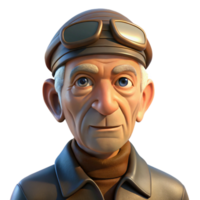 elegant modern Portrait of an elderly man with deep wrinkles and kind eyes, wearing a worn leather aviator cap, lit by the warm glow of a setting sun, photorealistic style detailed png