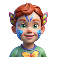 vibrant rustic Portrait of a young child with vibrant face paint resembling a butterfly, wide eyed and innocent, brightly lit high resolution png