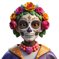 beautiful artistic Portrait of a skeletal figure adorned with elaborate Day of the Dead makeup and headdress, vibrant and festive lighting professional png
