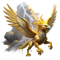magnificent rustic A majestic griffin with golden feathers and piercing sapphire eyes, soaring through a storm ridden sky, illuminated by flashes of lightning. Epic, realistic style genuine png
