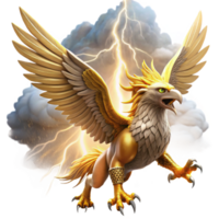 serene rustic A majestic griffin with golden feathers and piercing sapphire eyes, soaring through a storm ridden sky, illuminated by flashes of lightning. Epic, realistic style original png