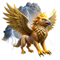 extraordinary rustic A majestic griffin with golden feathers and piercing sapphire eyes, soaring through a storm ridden sky, illuminated by flashes of lightning. Epic, realistic style original png
