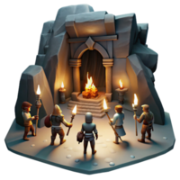 elegant creative A group of adventurers exploring a dark, cavernous dungeon, illuminated by the light of their torches, revealing ancient carvings on the walls. Adventure, realistic style premium png