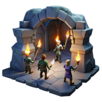 elegant artistic A group of adventurers exploring a dark, cavernous dungeon, illuminated by the light of their torches, revealing ancient carvings on the walls. Adventure, realistic style authentic png