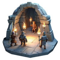 elegant rustic A group of adventurers exploring a dark, cavernous dungeon, illuminated by the light of their torches, revealing ancient carvings on the walls. Adventure, realistic style professional png