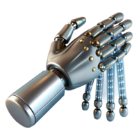dramatic abstract A single, sleek silver robotic hand reaching out to touch a shimmering data stream composed of binary code, dramatic chiaroscuro lighting detailed png
