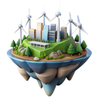 vibrant vintage A floating island city powered by wind turbines and solar panels, lush vegetation cascading down its sides, vibrant daylight, art nouveau style genuine png
