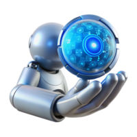 wonderful creative A chrome robot hand delicately holding a glowing blue orb of data, intricate circuitry visible beneath its polished surface, lit by a soft, ethereal glow genuine png
