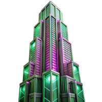 extraordinary artistic A towering Art Deco skyscraper made entirely of interconnected circuit boards, pulsing with neon pink and green energy, viewed from a low angle, cinematic lighting professional png