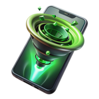impressive vintage A cracked smartphone screen displaying a swirling vortex of binary code, green and black colors, dramatic backlighting high quality png