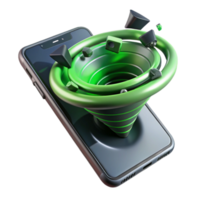 magnificent modern A cracked smartphone screen displaying a swirling vortex of binary code, green and black colors, dramatic backlighting detailed png