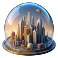 serene creative A futuristic city built within a giant glass dome, flying vehicles zipping between towering skyscrapers, vibrant sunset lighting professional png