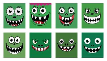 collection of green monster faces, each with a unique design displaying various emotions such as joy, mischief, and cheerfulness. vector