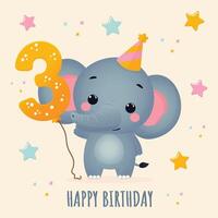 Happy Birthday postcard with cute elephant and number three flat illustration vector