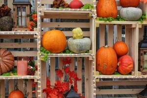 A festive autumn display of pumpkins, gourds, and fall decorations arranged in wooden crates. Rustic and cozy atmosphere. Concept of Thanksgiving and harvest. photo