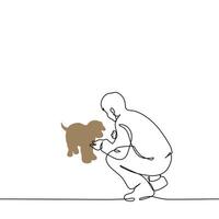 man squatting with hands outstretched to dog - one line art . concept getting to know pet, animal adoption vector
