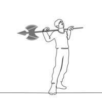 modern young man standing with long vintage or toy weapon double-sided axe on a long shaft holding with both hands leaning on collarbones - one line art vector