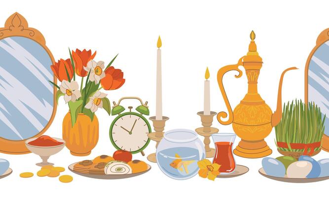 Seamless pattern for International Day of Nowruz. Iranian New Year is a holy day and religious holiday of Zoroastrians and Baha'is. Mirror, green grass, sweets, candles, vinegar, flowers. Flat .
