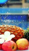 A splash of water dropping on a fruits Pineapple and Rose Apple and frangipani flower on the back of Swimming Pool video