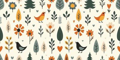 Cute Tree Birds and Flowers Scandinavian style In Seamless Pattern vector