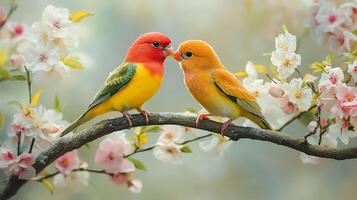 Red and Yellow Lovebirds on a Branch of Sakura in Spring photo