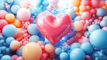3D Rendering of Red Heart in Blue and Orange Balloons Background photo