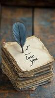 Feather Pen and Old Book with Words I Love You on Wooden Background photo