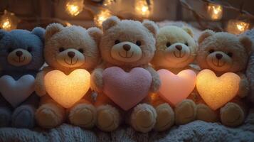 Cute Teddy Bears with Heart Shaped Lights on the Background photo