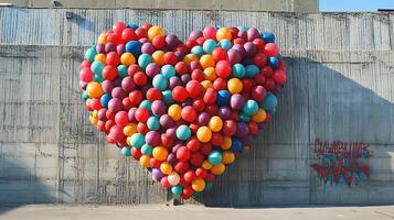 Colorful Balloons in the Shape of a Heart on the Background of the Wall photo