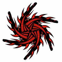 A bold abstract spiral with sharp black and red flames, intricate patterns, and dynamic movement on a white background vector