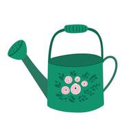 Hand drawn watering can with flower ornament. Simple doodle illustration in naive childish style isolated on white background. Easter, spring, garden design clipart element vector