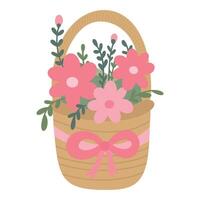 Cute Easter spring hand drawn basket with flowers with a coquette ribbon bow. Simple illustration Scandi style isolated on a white background vector