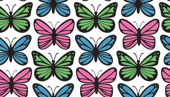 Simple hand drawn seamless pattern background with colorful butterflies on white backdrop. Cute bright spring Easter print vector