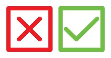 green tick and red x in square, OK check mark and X cross icon symbol, illustration isolated on a white background vector