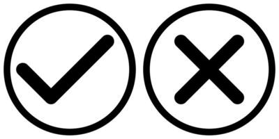 tick and x in circle, OK check mark and X cross icon symbol, black and white illustration isolated on a white background vector