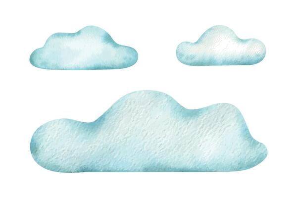 Set of Blue air clouds. Cute baby's Isolated hand drawn collection of Watercolor illustrations. Design elements for kid's goods, clothes, textiles, postcards, baby shower and children's room