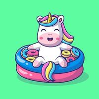 Cute Unicorn with Doughnut in Balloon Pool Cartoon vector