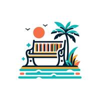 A bench with palm trees and a sun in the background vector