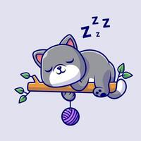 Cute Cat Sleeping On Tree With Wool Ball Cartoon vector