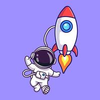 Cute Astronaut Floating with Rocket in Space Cartoon vector
