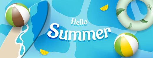 hello summer banner background with 3d beach element on water background vector