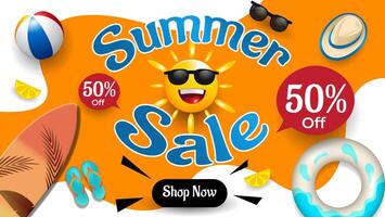 Summer sale banner design. 3d summer element with abstract background vector