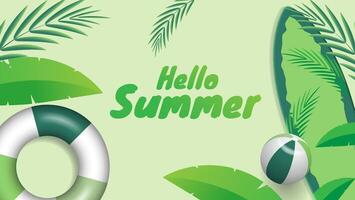 Hello summer background with leaves, surfing board, lifebuoy and beach ball in green color vector