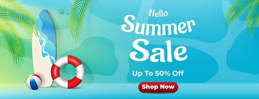 hellow summer sale banner design with blue background and 3d beach element vector