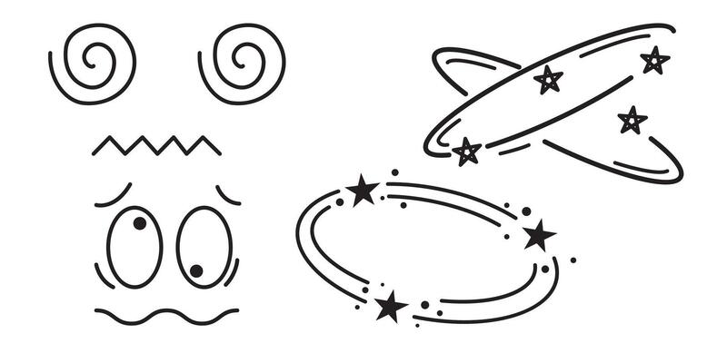 Dizziness manga or anime comic emoticon element graphic effects hand drawn doodle illustration set isolated on white background. Cartoon style manga