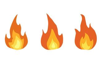 Set of three fire flames in a simple flat design. Bright orange and yellow gradient with unique shapes. Perfect for icons, warning signs, or game elements vector