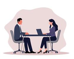 Professional job interview illustration featuring a man and woman in a formal office setting. Perfect for career, recruitment, HR, business, and corporate concepts vector