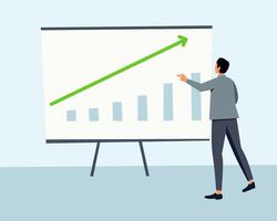 Businessman presenting a data analysis chart with rising graph. A professional corporate illustration for finance, business growth, marketing strategy, and economic progress vector