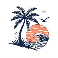 Tropical palm tree and waves illustration vector