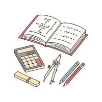 An open book with a calculator, pencils, and other items vector